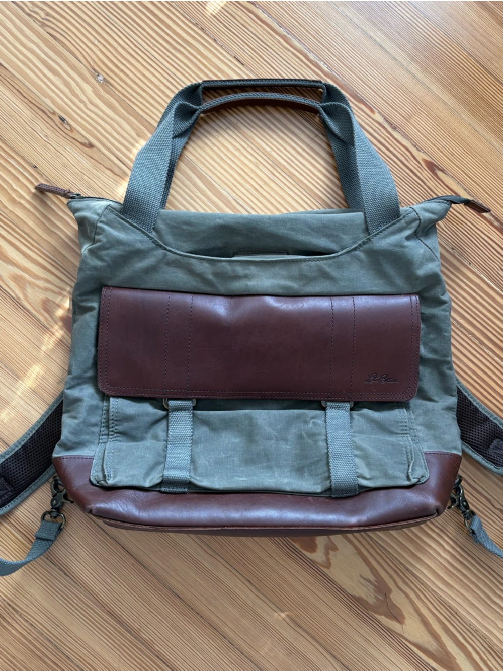 L.L.Bean Messenger Bag Backpack Army Green Leather Trim